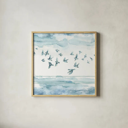 Indigold XXII by Lisa Audit. Shown in a natural wood glass frame for a timeless modern aesthetic. Available as an archival giclee rolled canvas, fine art paper, or poster print. SKU 24379a.