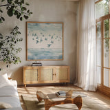 Indigold XXII by Lisa Audit. Shown in a natural wood frame in a cozy modern living room. Available as an archival giclee rolled canvas, fine art paper, or poster print. SKU 24379a.