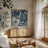 Indigold XXIII by Lisa Audit. Shown in a natural wood frame in a cozy modern living room. Available as an archival giclee rolled canvas, fine art paper, or poster print. SKU 24380a.