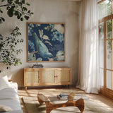 Indigold XXIV by Lisa Audit. Shown in a natural wood frame in a cozy modern living room. Available as an archival giclee rolled canvas, fine art paper, or poster print. SKU 24381a.