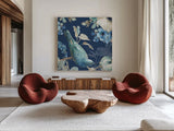 Indigold XXIV by Lisa Audit. Shown as extra-large giant wall art in a modern living room. Available as an archival giclee rolled canvas, fine art paper, or poster print. SKU 24381a.