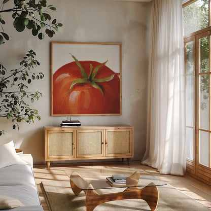 Juicy on White by Lisa Audit. Shown in a natural wood frame in a cozy modern living room. Available as an archival giclee rolled canvas, fine art paper, or poster print. SKU 68125a.