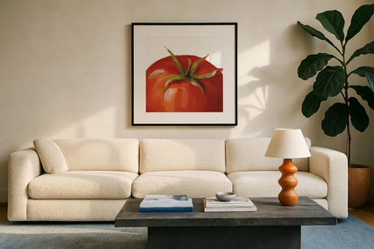 Juicy on White by Lisa Audit. Displayed in a glass frame with matte in a clean modern living room. Available as an archival giclee rolled canvas, fine art paper, or poster print. SKU 68125a.