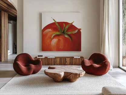 Juicy on White by Lisa Audit. Shown as extra-large giant wall art in a modern living room. Available as an archival giclee rolled canvas, fine art paper, or poster print. SKU 68125a.