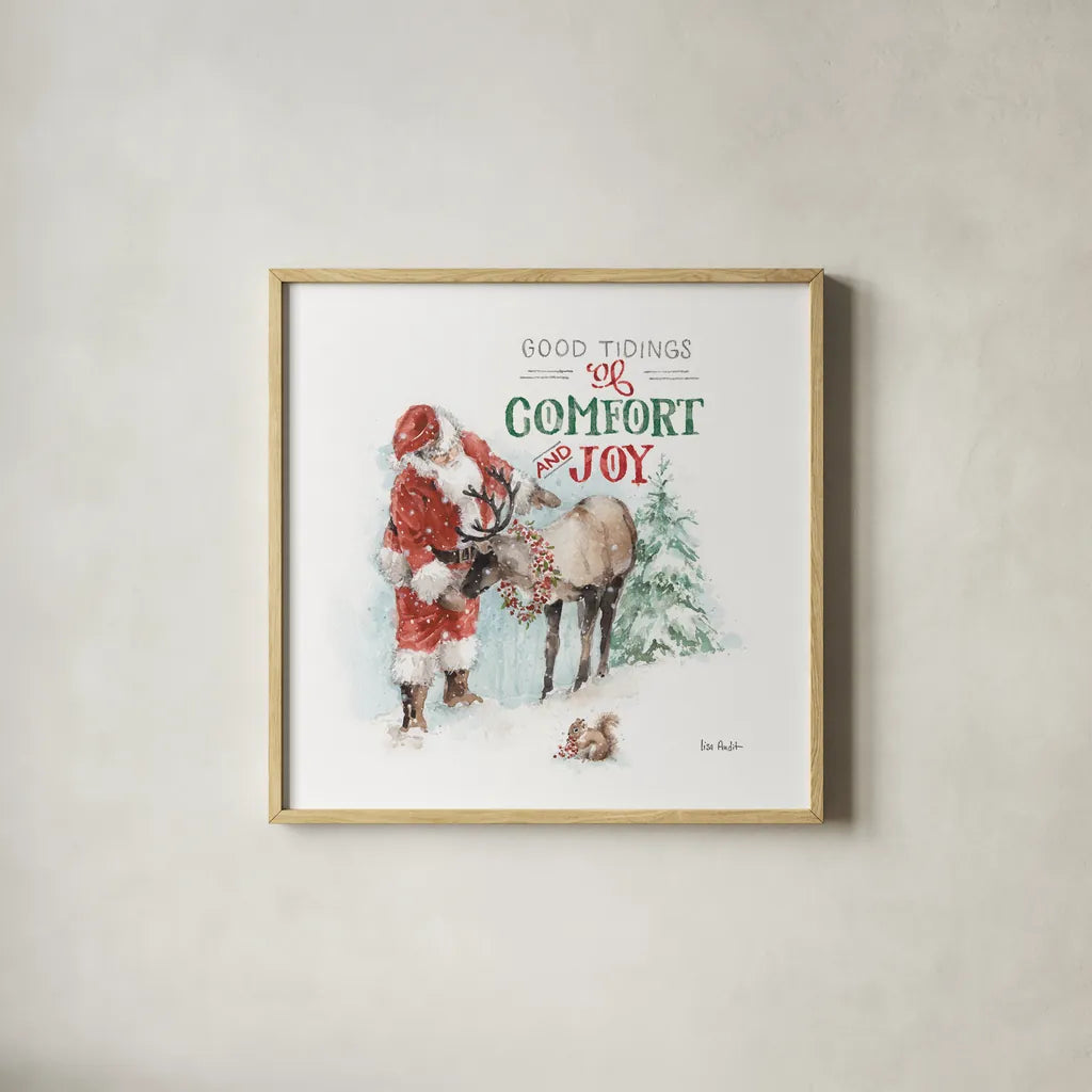Magical Holidays III Comfort and Joy by Lisa Audit. Shown in a natural wood glass frame for a timeless modern aesthetic. Available as an archival giclee rolled canvas, fine art paper, or poster print. SKU 58375a.