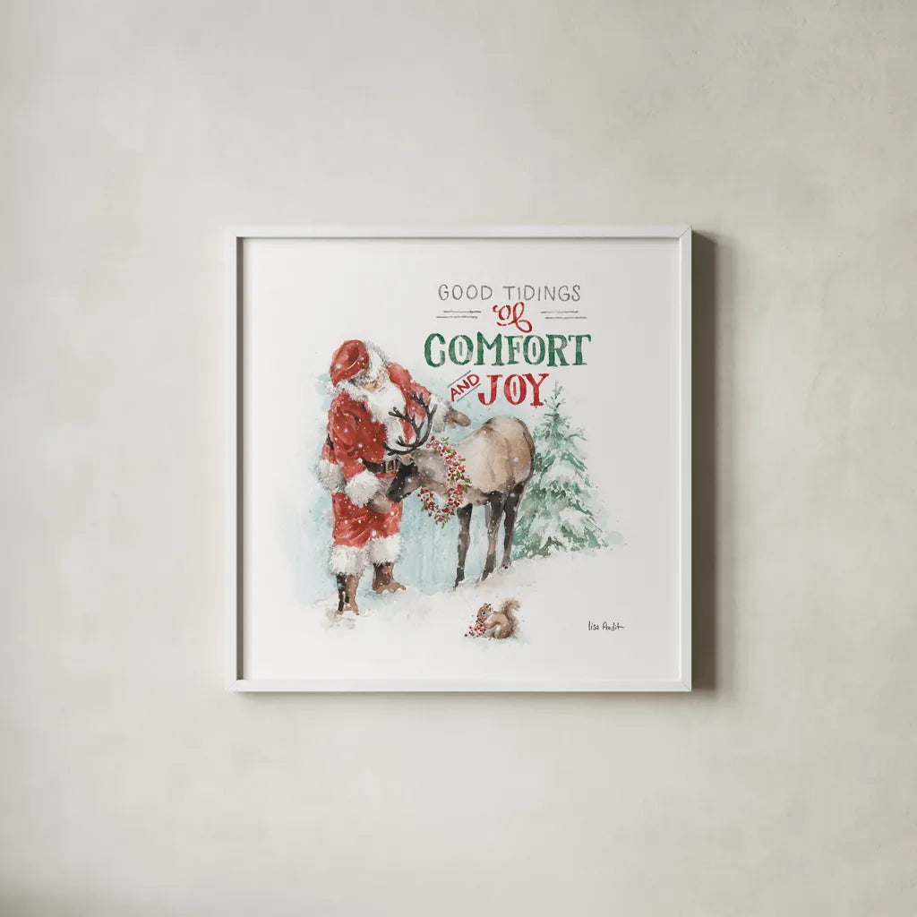 Magical Holidays III Comfort and Joy by Lisa Audit. Shown in a crisp white glass frame for a clean and minimalist style. Available as an archival giclee rolled canvas, fine art paper, or poster print. SKU 58375a.