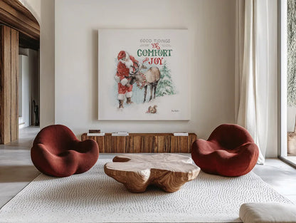 Magical Holidays III Comfort and Joy by Lisa Audit. Shown as extra-large giant wall art in a modern living room. Available as an archival giclee rolled canvas, fine art paper, or poster print. SKU 58375a.
