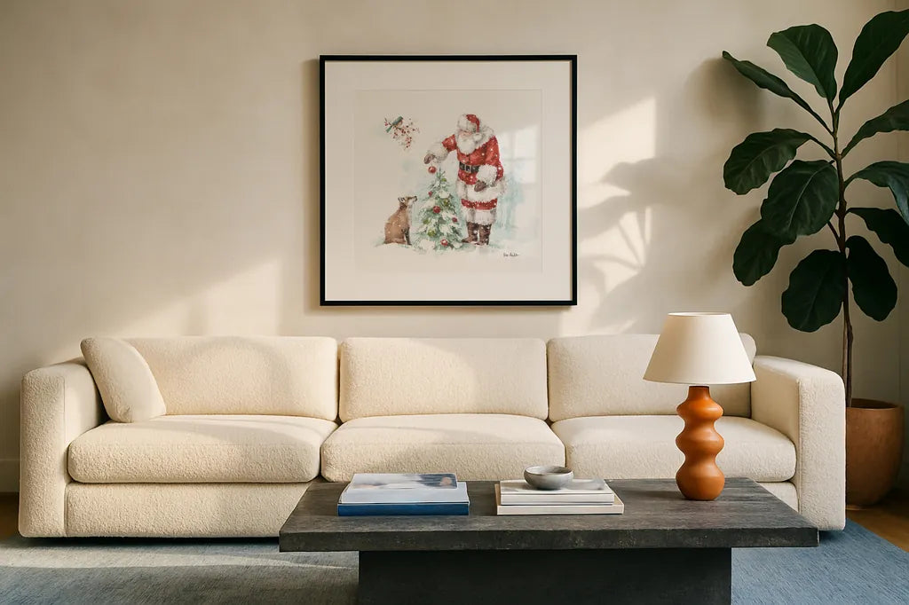 Magical Holidays V by Lisa Audit. Displayed in a glass frame with matte in a clean modern living room. Available as an archival giclee rolled canvas, fine art paper, or poster print. SKU 54765a.