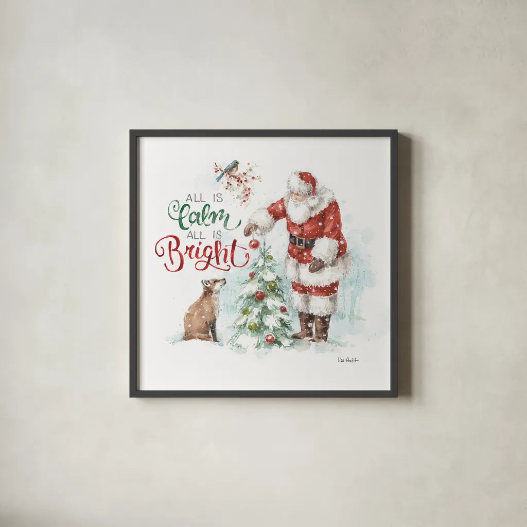 Magical Holidays V All is Calm by Lisa Audit. Shown in a sleek black glass frame for a contemporary gallery look. Available as an archival giclee rolled canvas, fine art paper, or poster print. SKU 58376a.