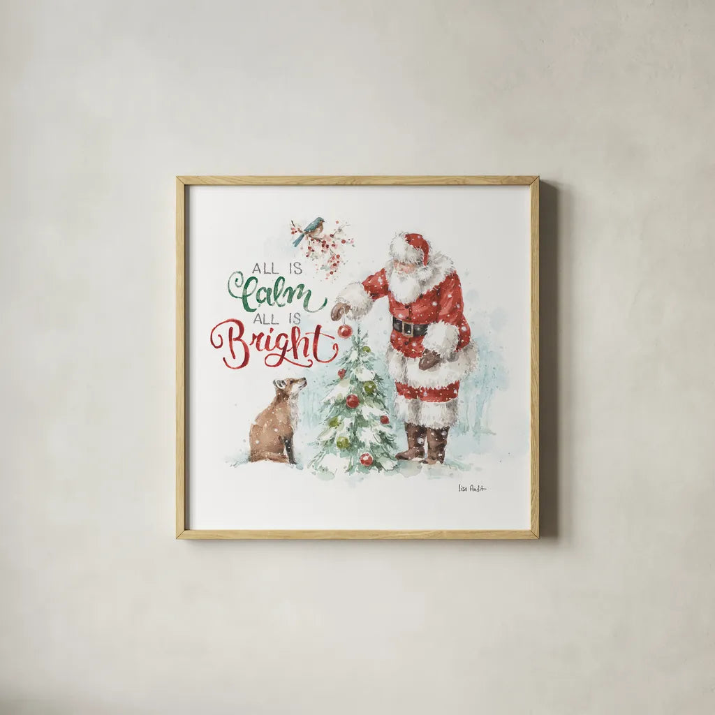 Magical Holidays V All is Calm by Lisa Audit. Shown in a natural wood glass frame for a timeless modern aesthetic. Available as an archival giclee rolled canvas, fine art paper, or poster print. SKU 58376a.
