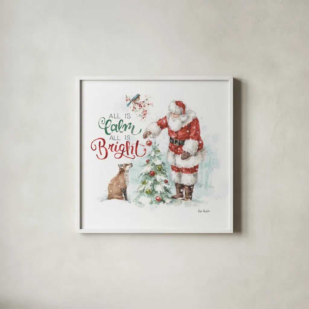 Magical Holidays V All is Calm by Lisa Audit. Shown in a crisp white glass frame for a clean and minimalist style. Available as an archival giclee rolled canvas, fine art paper, or poster print. SKU 58376a.