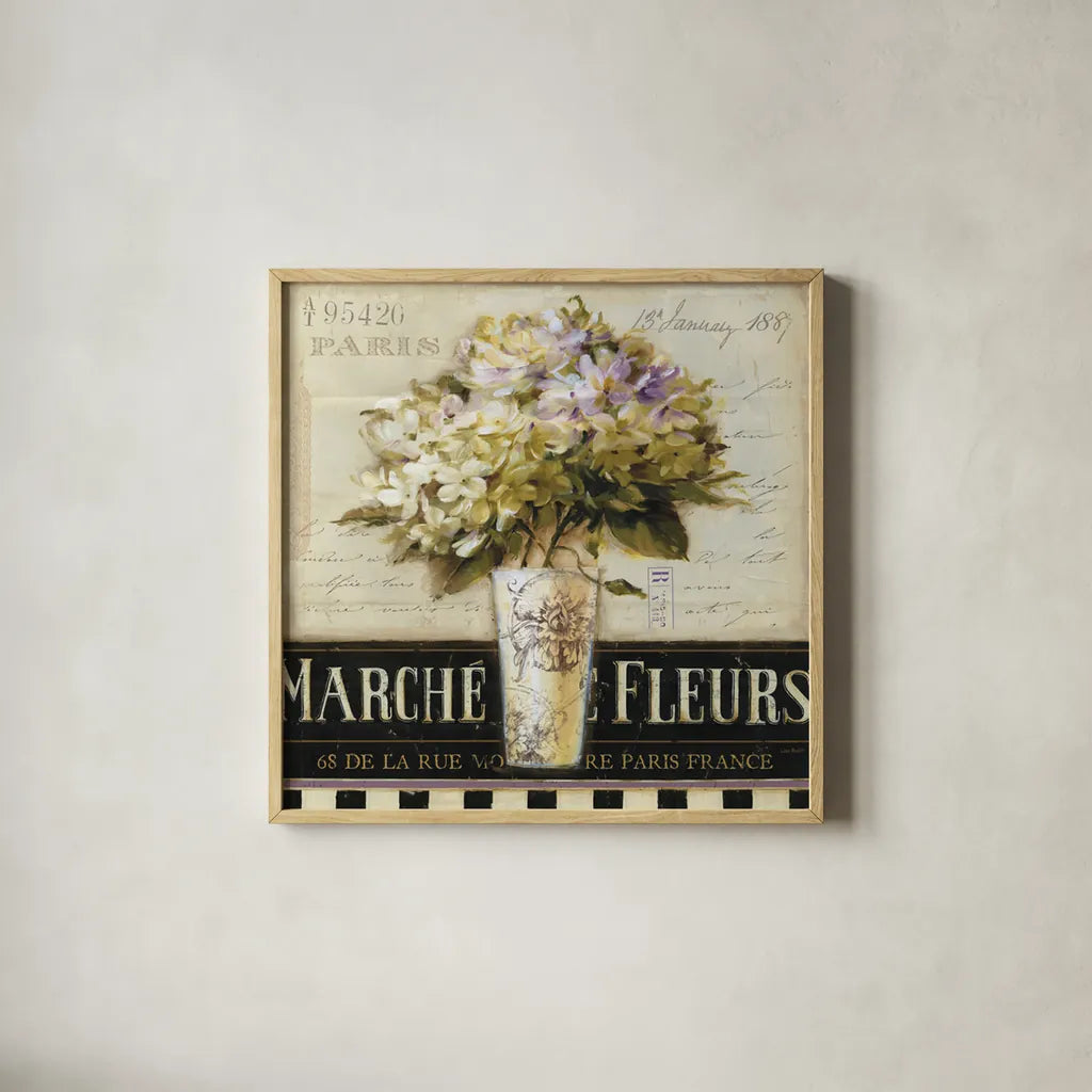 Marche de Fleurs by Lisa Audit. Shown in a natural wood glass frame for a timeless modern aesthetic. Available as an archival giclee rolled canvas, fine art paper, or poster print. SKU 3199a.