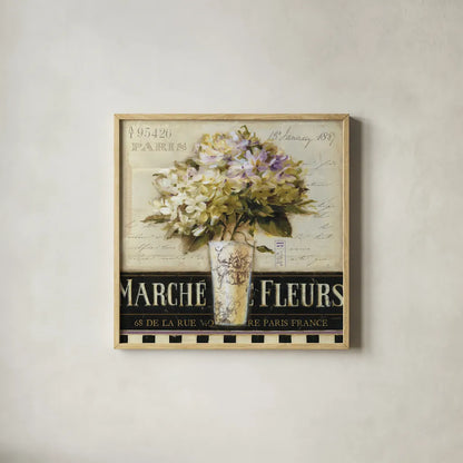Marche de Fleurs by Lisa Audit. Shown in a natural wood glass frame for a timeless modern aesthetic. Available as an archival giclee rolled canvas, fine art paper, or poster print. SKU 3199a.