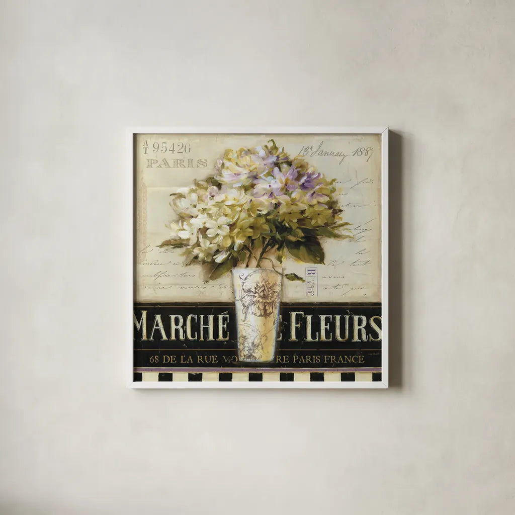 Marche de Fleurs by Lisa Audit. Shown in a crisp white glass frame for a clean and minimalist style. Available as an archival giclee rolled canvas, fine art paper, or poster print. SKU 3199a.