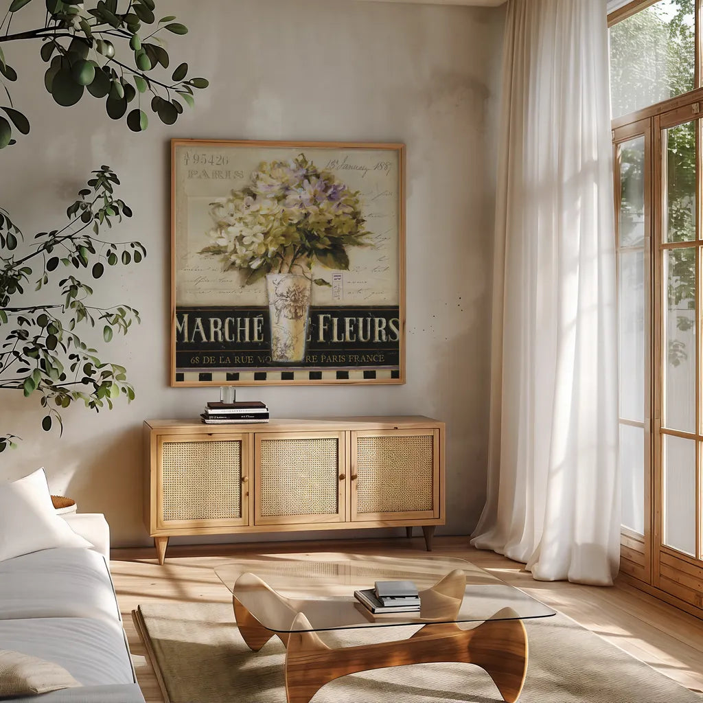 Marche de Fleurs by Lisa Audit. Shown in a natural wood frame in a cozy modern living room. Available as an archival giclee rolled canvas, fine art paper, or poster print. SKU 3199a.