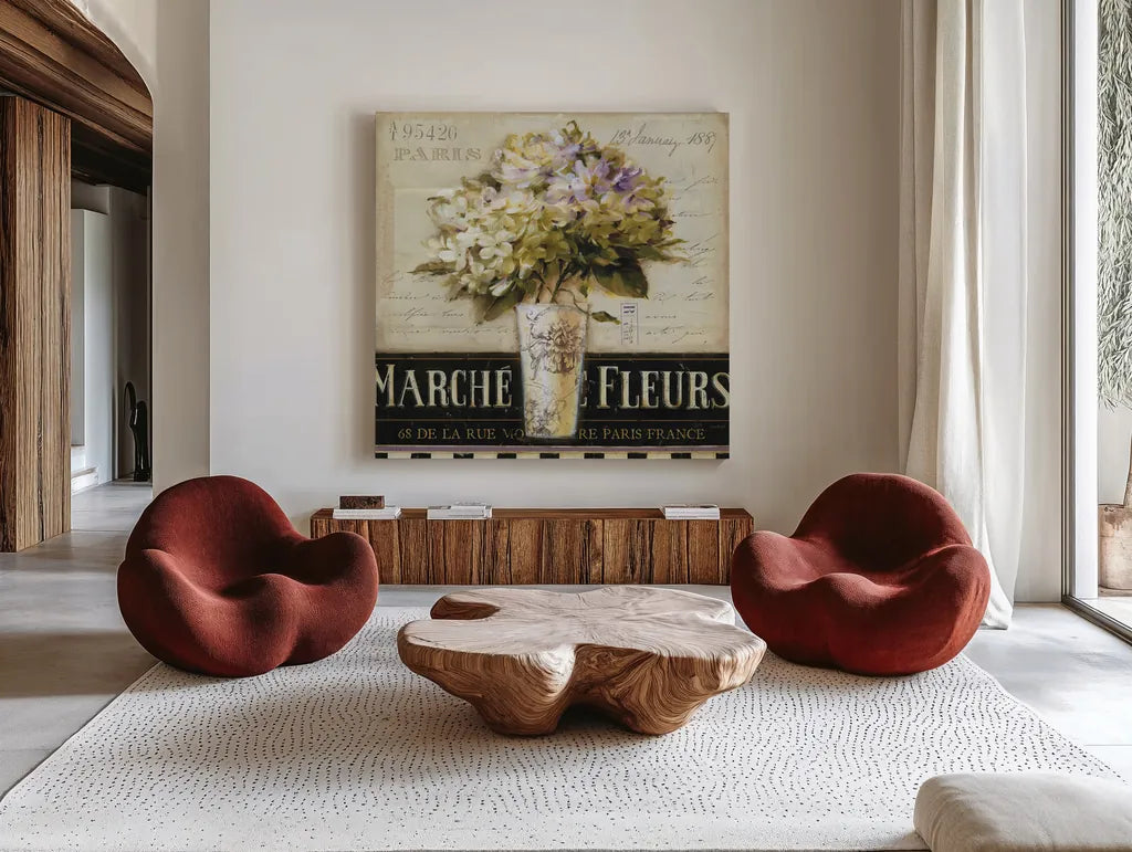 Marche de Fleurs by Lisa Audit. Shown as extra-large giant wall art in a modern living room. Available as an archival giclee rolled canvas, fine art paper, or poster print. SKU 3199a.