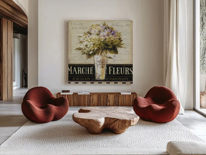 Marche de Fleurs by Lisa Audit. Shown as extra-large giant wall art in a modern living room. Available as an archival giclee rolled canvas, fine art paper, or poster print. SKU 3199a.