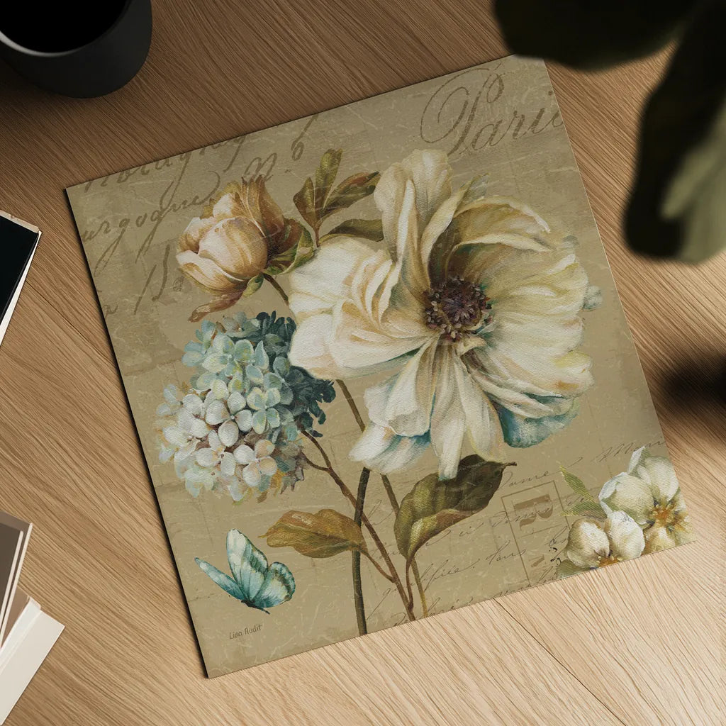 Marche de Fleurs Blue II by Lisa Audit. Shown as a detailed flat fine art print, highlighting archival giclee quality. Available as an archival giclee rolled canvas, fine art paper, or poster print. SKU 9480a.