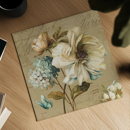 Marche de Fleurs Blue II by Lisa Audit. Shown as a detailed flat fine art print, highlighting archival giclee quality. Available as an archival giclee rolled canvas, fine art paper, or poster print. SKU 9480a.