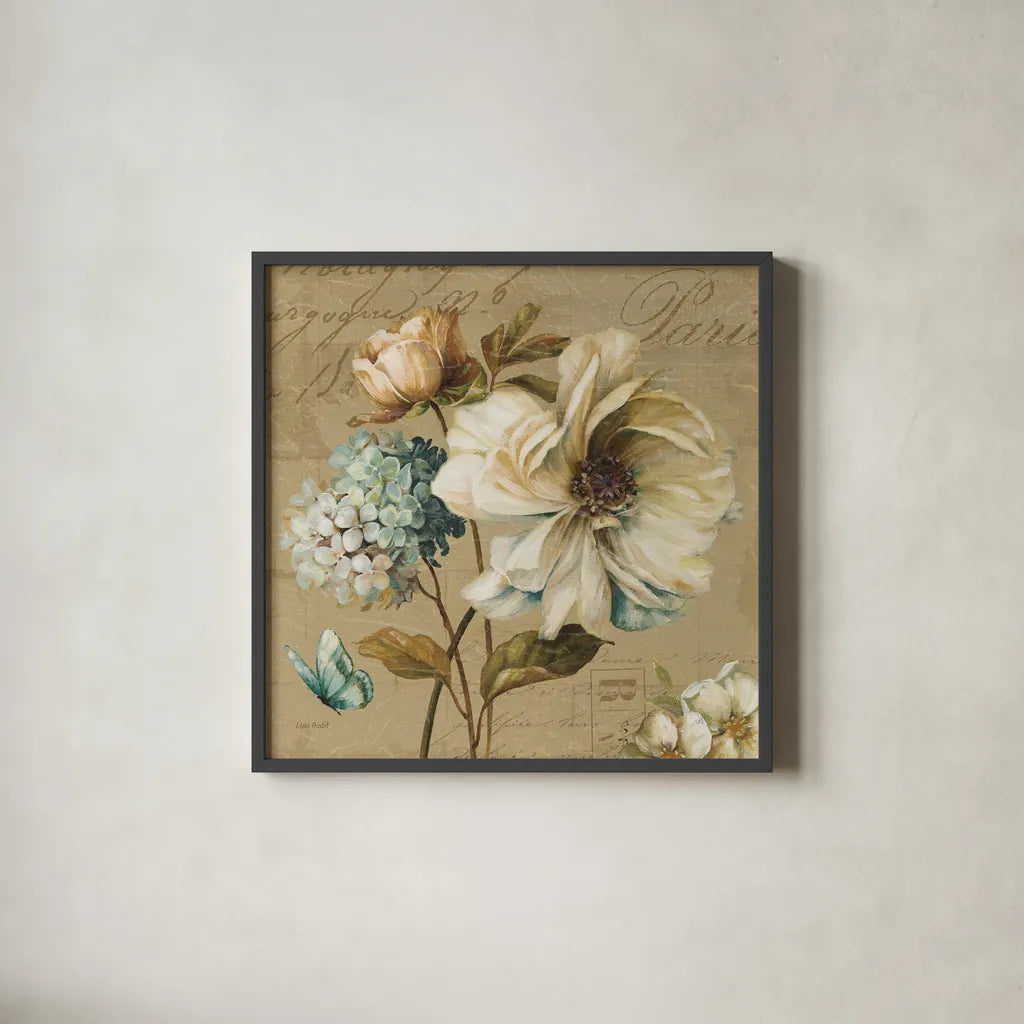 Marche de Fleurs Blue II by Lisa Audit. Shown in a sleek black glass frame for a contemporary gallery look. Available as an archival giclee rolled canvas, fine art paper, or poster print. SKU 9480a.