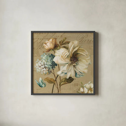 Marche de Fleurs Blue II by Lisa Audit. Shown in a sleek black glass frame for a contemporary gallery look. Available as an archival giclee rolled canvas, fine art paper, or poster print. SKU 9480a.