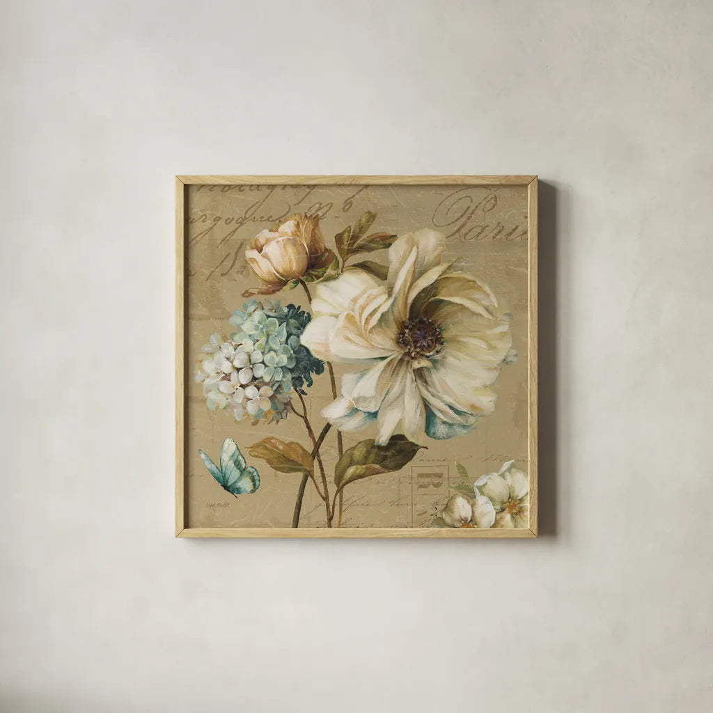 Marche de Fleurs Blue II by Lisa Audit. Shown in a natural wood glass frame for a timeless modern aesthetic. Available as an archival giclee rolled canvas, fine art paper, or poster print. SKU 9480a.