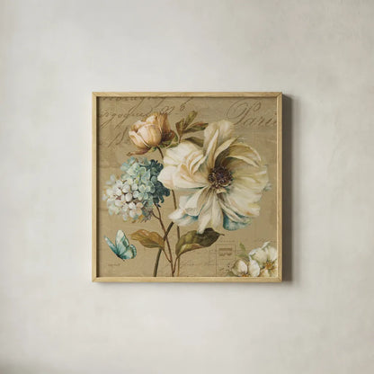 Marche de Fleurs Blue II by Lisa Audit. Shown in a natural wood glass frame for a timeless modern aesthetic. Available as an archival giclee rolled canvas, fine art paper, or poster print. SKU 9480a.