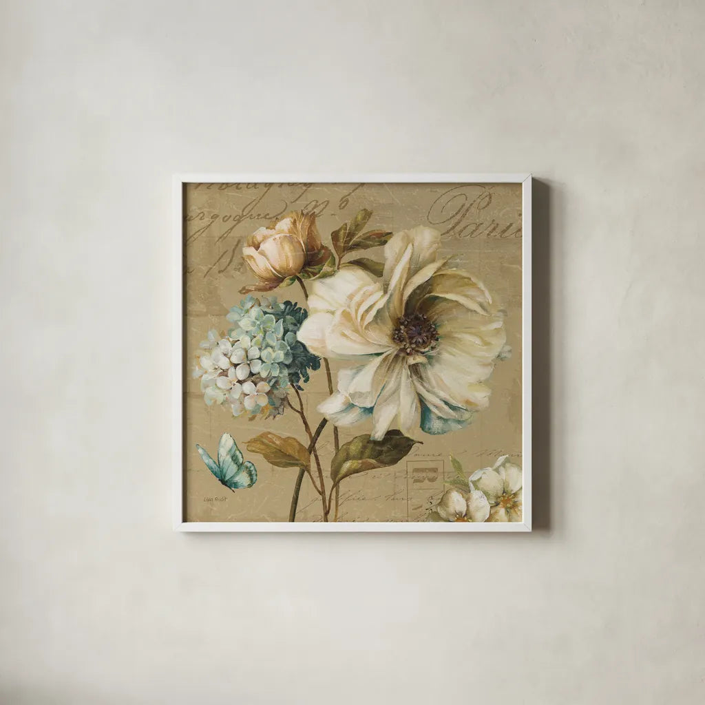 Marche de Fleurs Blue II by Lisa Audit. Shown in a crisp white glass frame for a clean and minimalist style. Available as an archival giclee rolled canvas, fine art paper, or poster print. SKU 9480a.