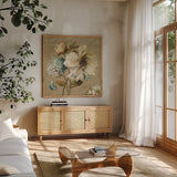 Marche de Fleurs Blue II by Lisa Audit. Shown in a natural wood frame in a cozy modern living room. Available as an archival giclee rolled canvas, fine art paper, or poster print. SKU 9480a.