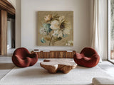 Marche de Fleurs Blue II by Lisa Audit. Shown as extra-large giant wall art in a modern living room. Available as an archival giclee rolled canvas, fine art paper, or poster print. SKU 9480a.