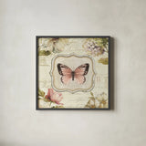 Marche de Fleurs Butterfly Bliss I by Lisa Audit. Shown in a sleek black glass frame for a contemporary gallery look. Available as an archival giclee rolled canvas, fine art paper, or poster print. SKU 104476a.