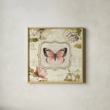 Marche de Fleurs Butterfly Bliss I by Lisa Audit. Shown in a natural wood glass frame for a timeless modern aesthetic. Available as an archival giclee rolled canvas, fine art paper, or poster print. SKU 104476a.