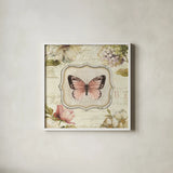 Marche de Fleurs Butterfly Bliss I by Lisa Audit. Shown in a crisp white glass frame for a clean and minimalist style. Available as an archival giclee rolled canvas, fine art paper, or poster print. SKU 104476a.