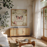 Marche de Fleurs Butterfly Bliss I by Lisa Audit. Shown in a natural wood frame in a cozy modern living room. Available as an archival giclee rolled canvas, fine art paper, or poster print. SKU 104476a.
