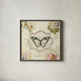 Marche de Fleurs Butterfly Bliss II by Lisa Audit. Shown in a sleek black glass frame for a contemporary gallery look. Available as an archival giclee rolled canvas, fine art paper, or poster print. SKU 104477a.