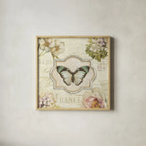 Marche de Fleurs Butterfly Bliss II by Lisa Audit. Shown in a natural wood glass frame for a timeless modern aesthetic. Available as an archival giclee rolled canvas, fine art paper, or poster print. SKU 104477a.