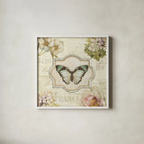 Marche de Fleurs Butterfly Bliss II by Lisa Audit. Shown in a crisp white glass frame for a clean and minimalist style. Available as an archival giclee rolled canvas, fine art paper, or poster print. SKU 104477a.