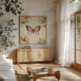 Marche de Fleurs Butterfly I by Lisa Audit. Shown in a natural wood frame in a cozy modern living room. Available as an archival giclee rolled canvas, fine art paper, or poster print. SKU 10092a.
