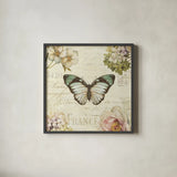 Marche de Fleurs Butterfly II by Lisa Audit. Shown in a sleek black glass frame for a contemporary gallery look. Available as an archival giclee rolled canvas, fine art paper, or poster print. SKU 10093a.
