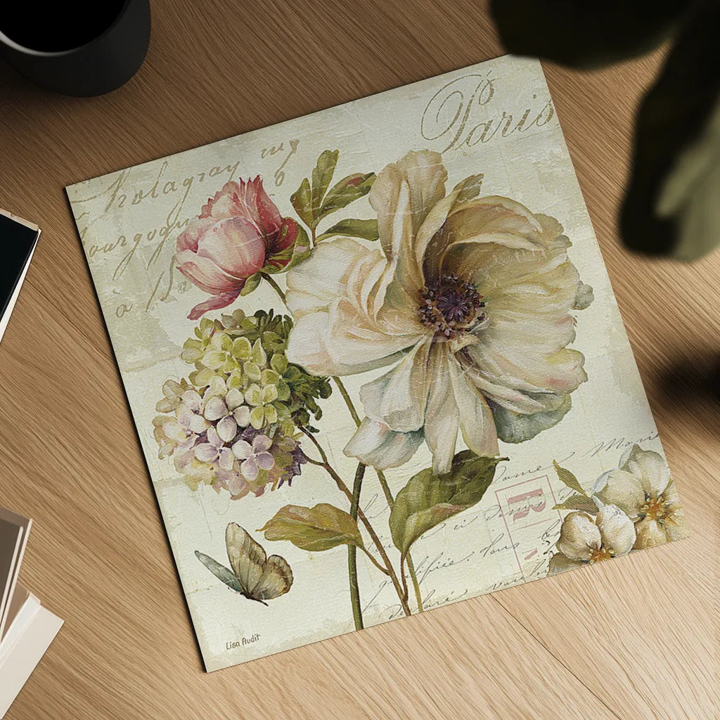 Marche de Fleurs II by Lisa Audit. Shown as a detailed flat fine art print, highlighting archival giclee quality. Available as an archival giclee rolled canvas, fine art paper, or poster print. SKU 5773a.