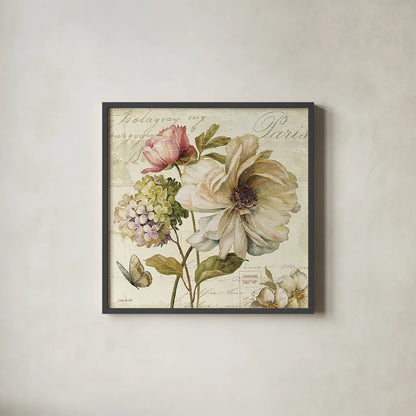 Marche de Fleurs II by Lisa Audit. Shown in a sleek black glass frame for a contemporary gallery look. Available as an archival giclee rolled canvas, fine art paper, or poster print. SKU 5773a.