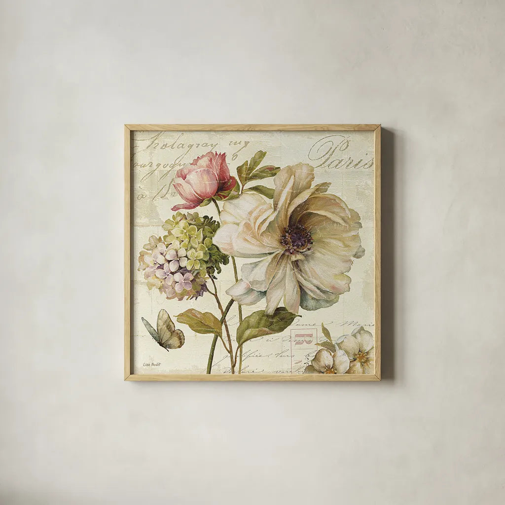 Marche de Fleurs II by Lisa Audit. Shown in a natural wood glass frame for a timeless modern aesthetic. Available as an archival giclee rolled canvas, fine art paper, or poster print. SKU 5773a.