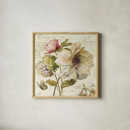 Marche de Fleurs II by Lisa Audit. Shown in a natural wood glass frame for a timeless modern aesthetic. Available as an archival giclee rolled canvas, fine art paper, or poster print. SKU 5773a.