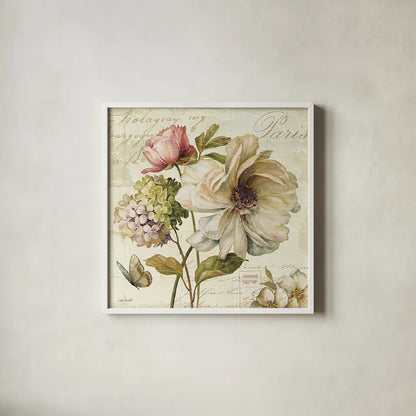 Marche de Fleurs II by Lisa Audit. Shown in a crisp white glass frame for a clean and minimalist style. Available as an archival giclee rolled canvas, fine art paper, or poster print. SKU 5773a.