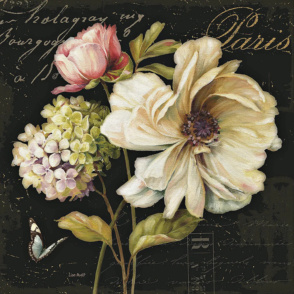 Marche de Fleurs II on Black by Lisa Audit. SKU 10229a. Archival Giclee Fine art print for wall decor.