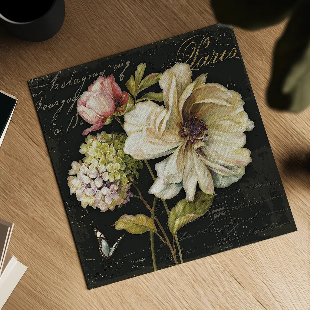 Marche de Fleurs II on Black by Lisa Audit. Shown as a detailed flat fine art print, highlighting archival giclee quality. Available as an archival giclee rolled canvas, fine art paper, or poster print. SKU 10229a.