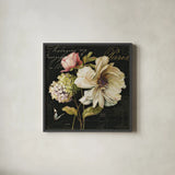 Marche de Fleurs II on Black by Lisa Audit. Shown in a sleek black glass frame for a contemporary gallery look. Available as an archival giclee rolled canvas, fine art paper, or poster print. SKU 10229a.