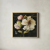 Marche de Fleurs II on Black by Lisa Audit. Shown in a natural wood glass frame for a timeless modern aesthetic. Available as an archival giclee rolled canvas, fine art paper, or poster print. SKU 10229a.