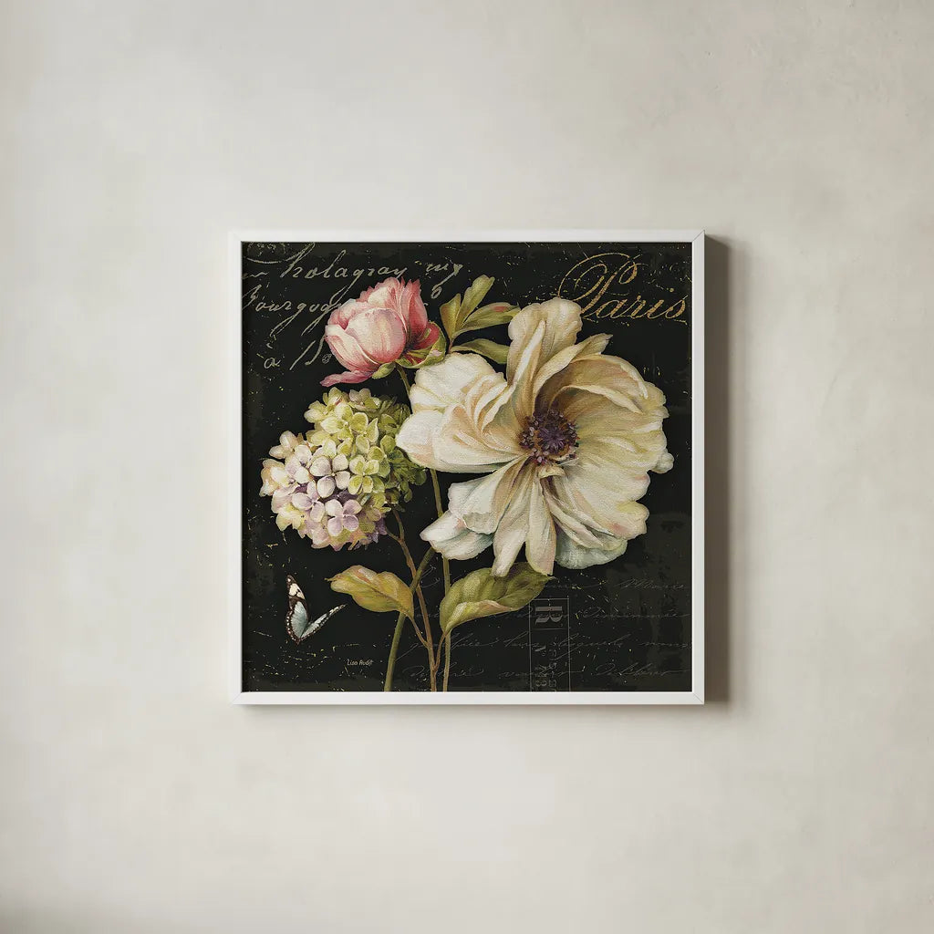 Marche de Fleurs II on Black by Lisa Audit. Shown in a crisp white glass frame for a clean and minimalist style. Available as an archival giclee rolled canvas, fine art paper, or poster print. SKU 10229a.