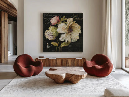 Marche de Fleurs II on Black by Lisa Audit. Shown as extra-large giant wall art in a modern living room. Available as an archival giclee rolled canvas, fine art paper, or poster print. SKU 10229a.